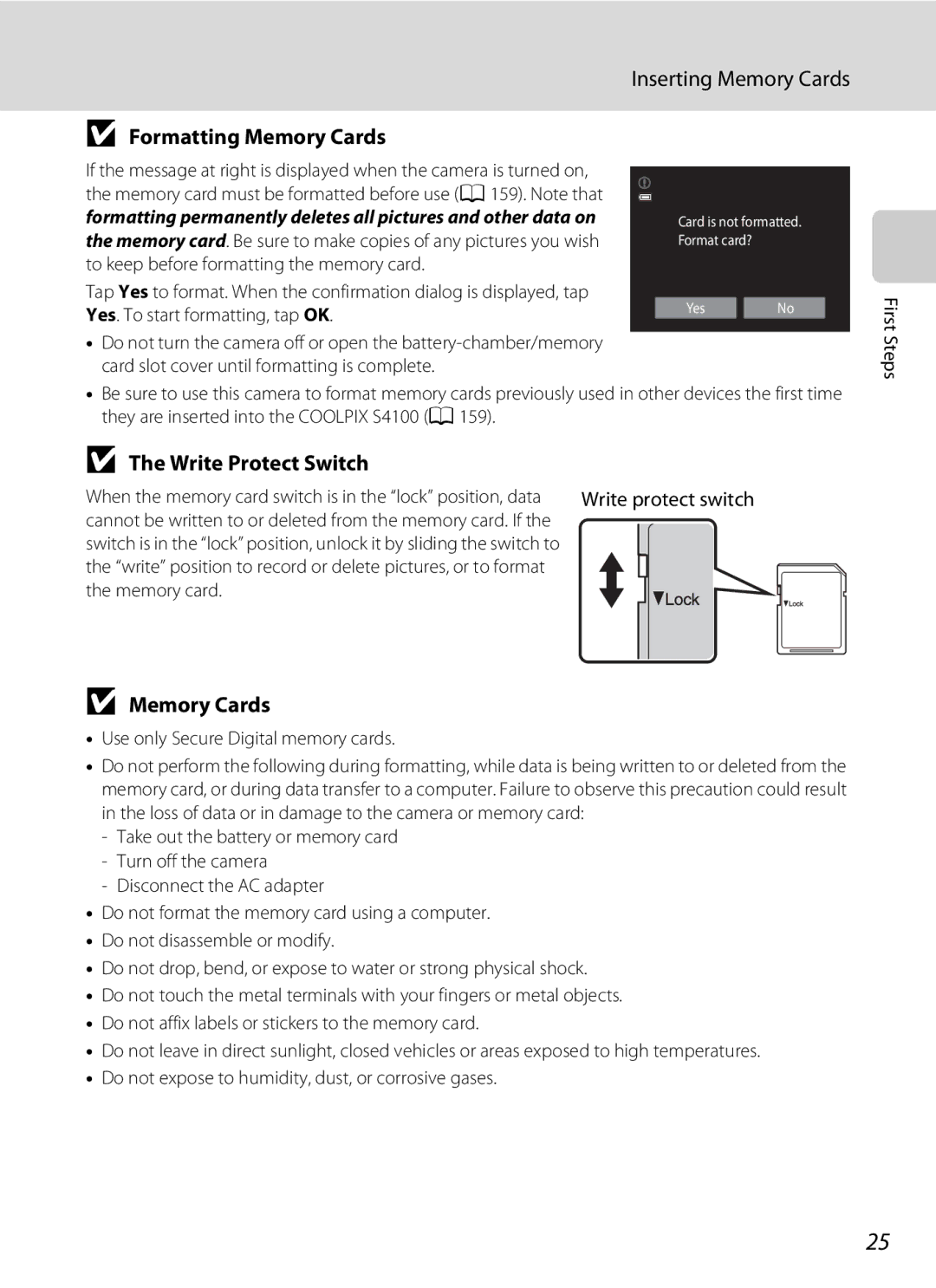 Nikon COOLPIXS4300PLUMKIT, COOLPIXS4100BLK, COOLPIXS4100PLM, COOLPIXS4100SLV Formatting Memory Cards, Write Protect Switch 