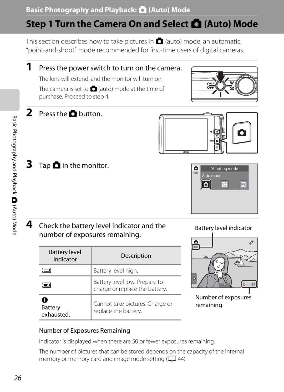 Nikon COOLPIXS4100SLV Turn the Camera On and Select AAuto Mode, Press the a button, Number of Exposures Remaining 