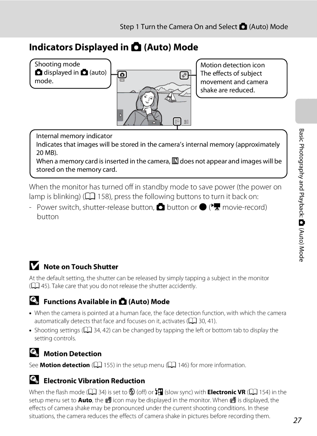 Nikon COOLPIXS4100RED Indicators Displayed in a Auto Mode, Turn the Camera On and Select a Auto Mode, Motion Detection 