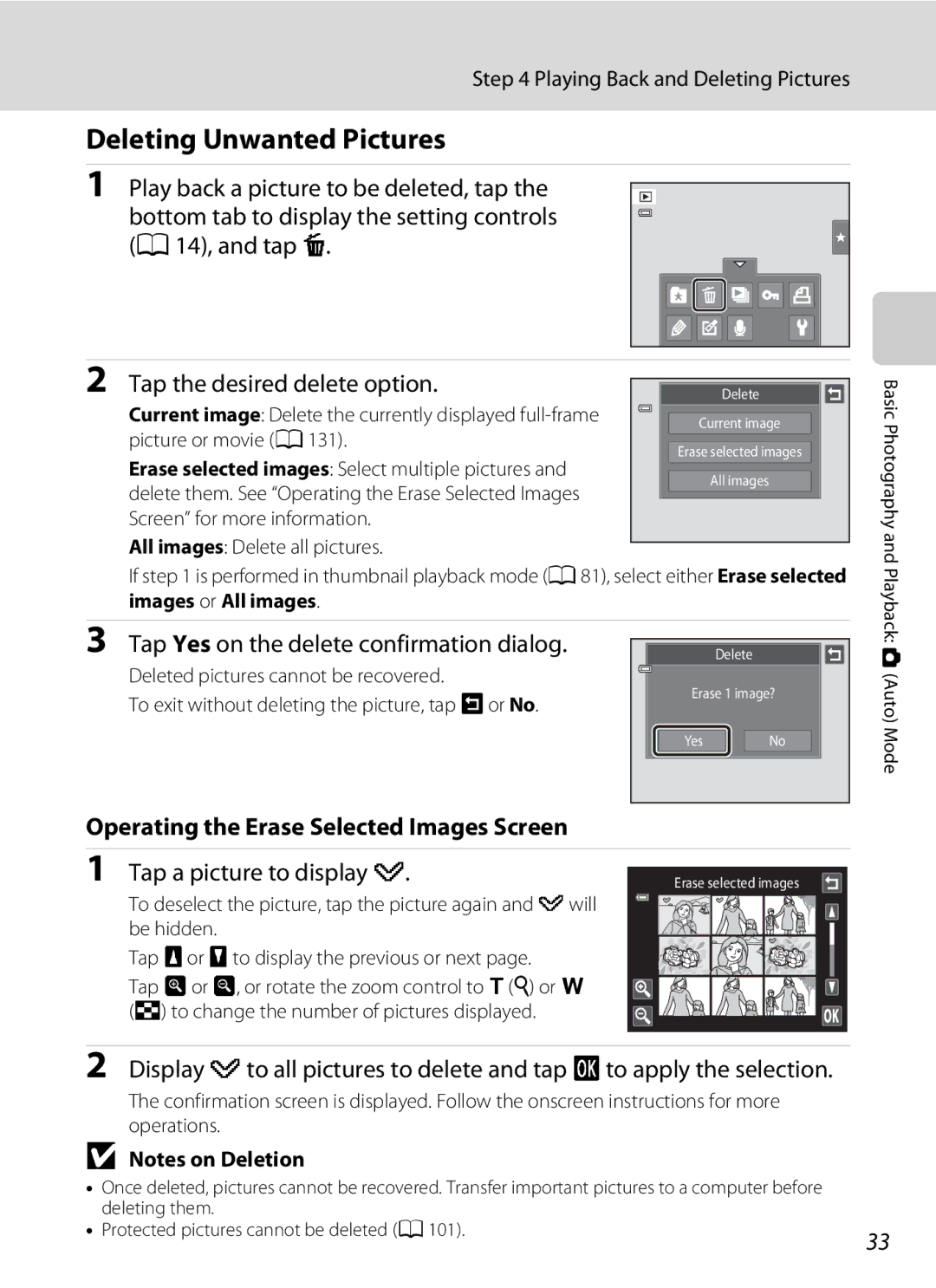 Nikon COOLPIXS4300PLUMKIT, COOLPIXS4100BLK user manual Deleting Unwanted Pictures, Tap Yes on the delete confirmation dialog 