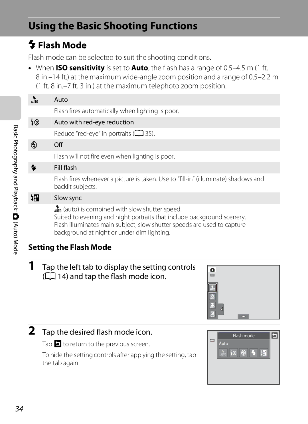 Nikon COOLPIXS4100SLV, COOLPIXS4100BLK user manual Using the Basic Shooting Functions, MFlash Mode, Setting the Flash Mode 