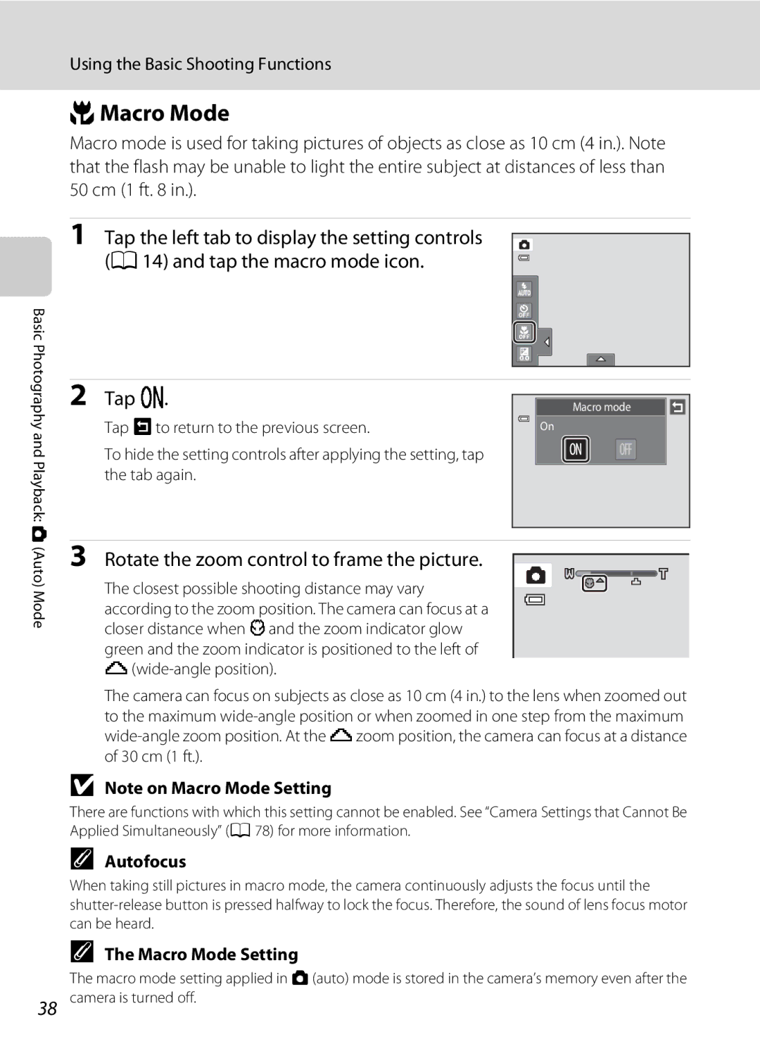 Nikon COOLPIXS4100PLMDKIT user manual PMacro Mode, Tap o, Rotate the zoom control to frame the picture, Macro Mode Setting 