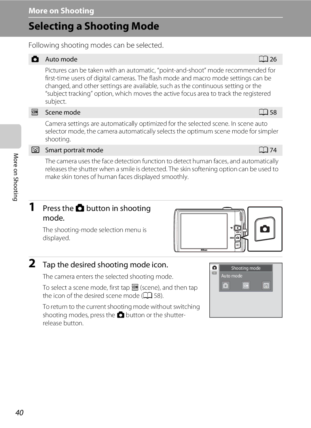 Nikon COOLPIXS4300PLUM Selecting a Shooting Mode, Press the a button in shooting mode, Tap the desired shooting mode icon 