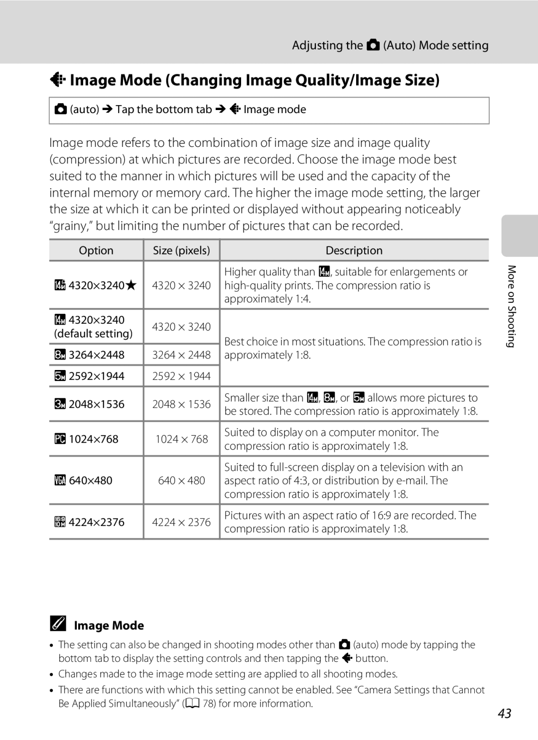 Nikon COOLPIXS4100RED, COOLPIXS4100BLK AImage Mode Changing Image Quality/Image Size, Adjusting the a Auto Mode setting 