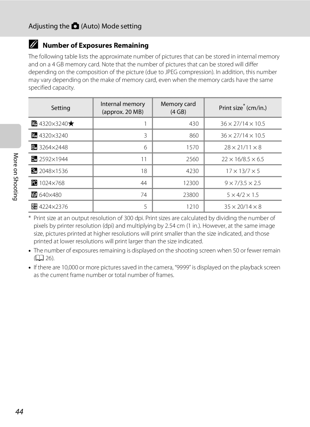 Nikon COOLPIXS4100BLK, COOLPIXS4100PLMDKIT, COOLPIXS4300PLUM user manual Number of Exposures Remaining, 4224×2376 1210 