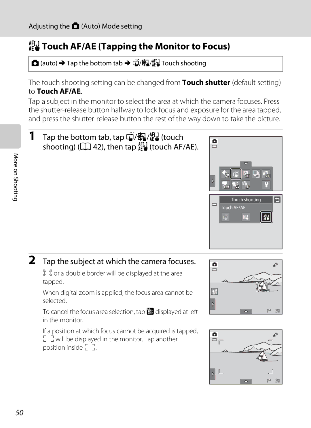 Nikon COOLPIXS4100SLV user manual RTouch AF/AE Tapping the Monitor to Focus, Tap the subject at which the camera focuses 