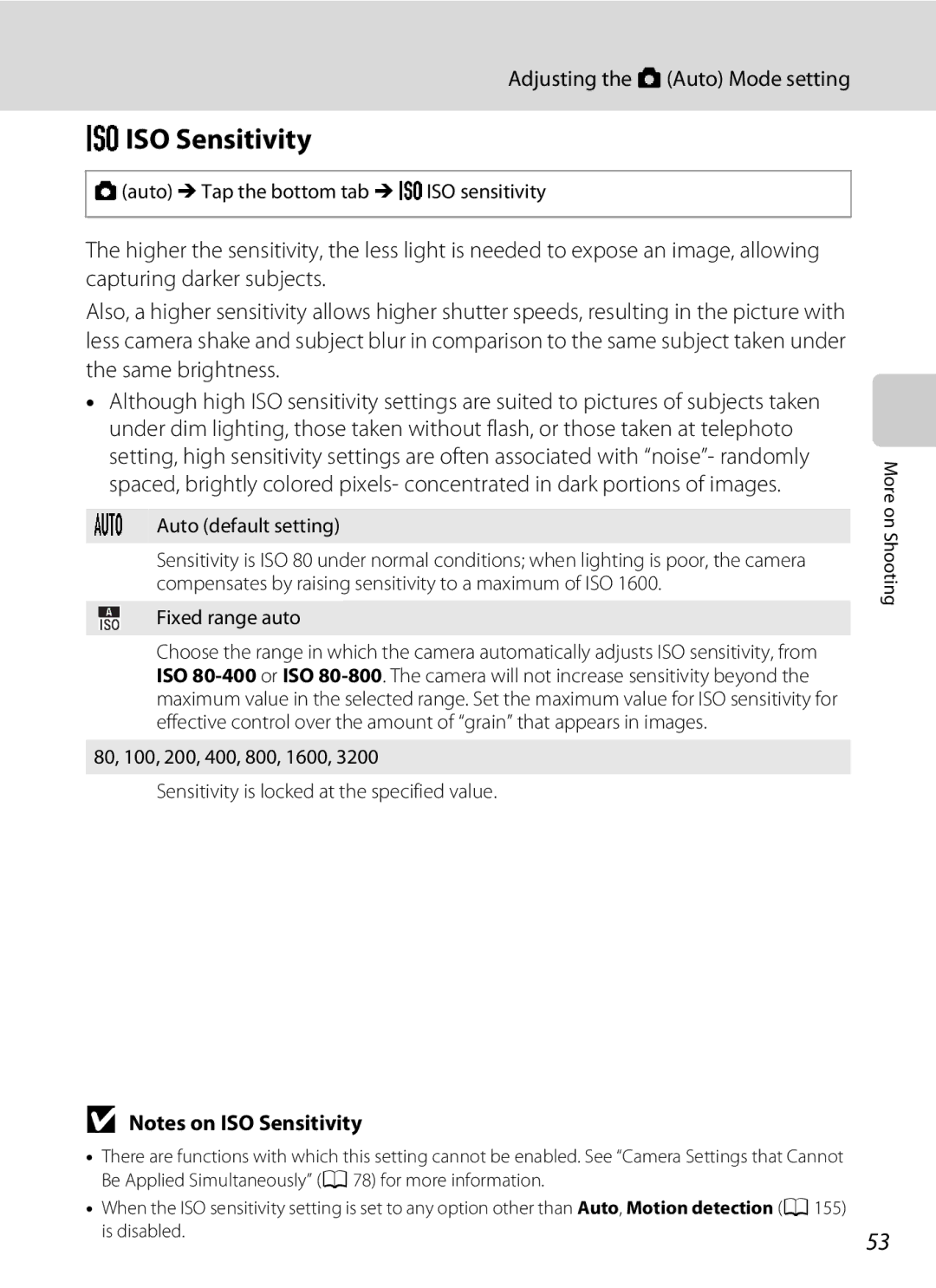 Nikon COOLPIXS4100PLM user manual Eiso Sensitivity, Auto M Tap the bottom tab M Eiso sensitivity, Auto default setting 