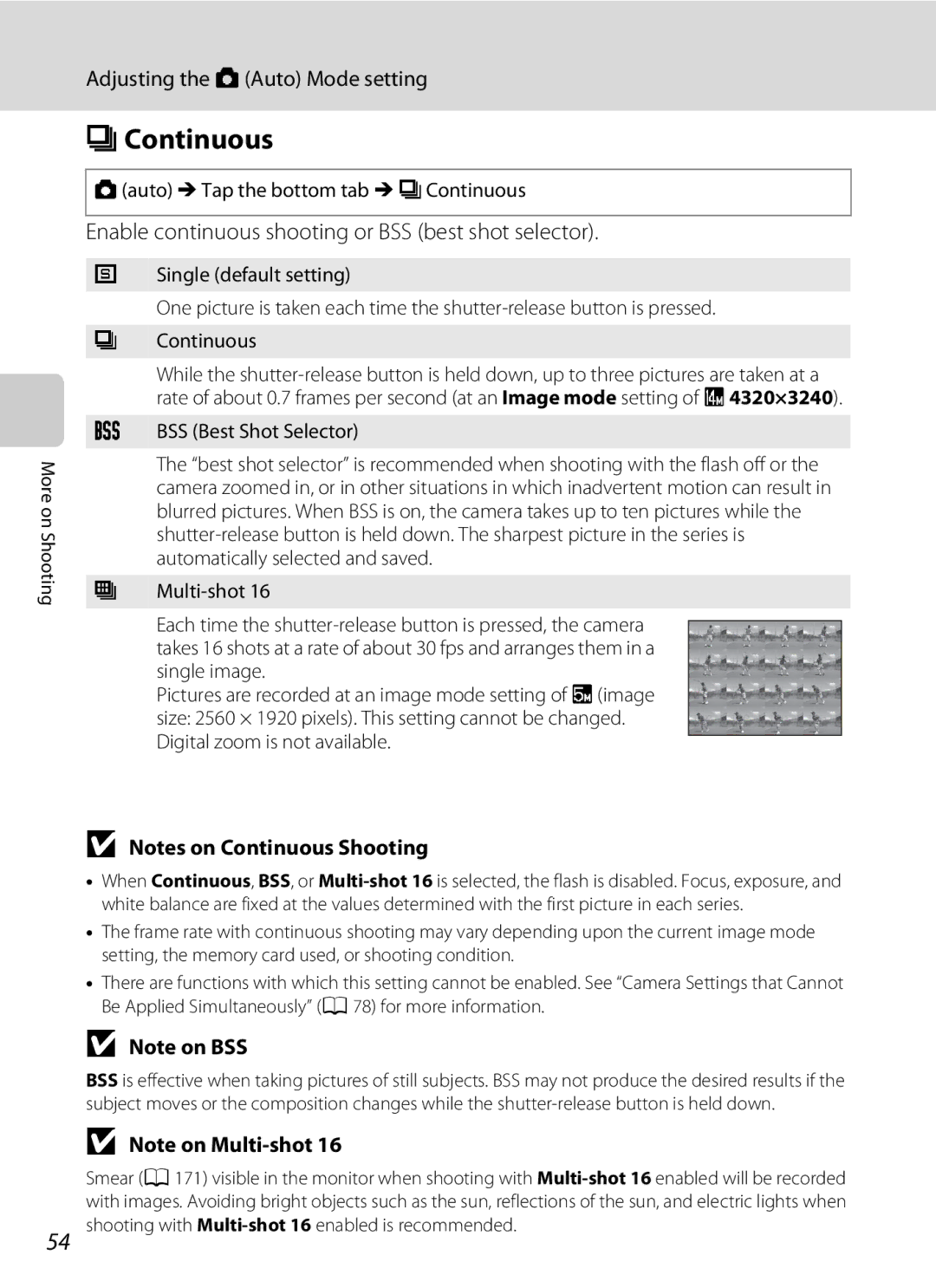 Nikon COOLPIXS4100PLMDKIT, COOLPIXS4100BLK user manual Continuous, Enable continuous shooting or BSS best shot selector 