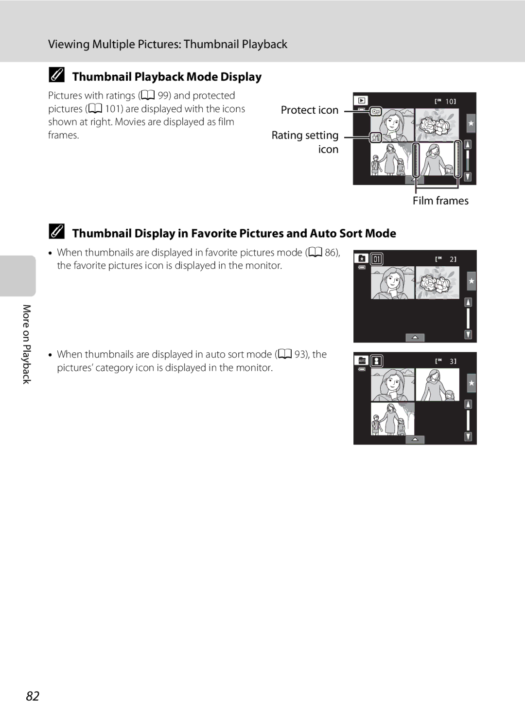 Nikon COOLPIXS4100SLV Viewing Multiple Pictures Thumbnail Playback, Thumbnail Playback Mode Display, Protect icon 