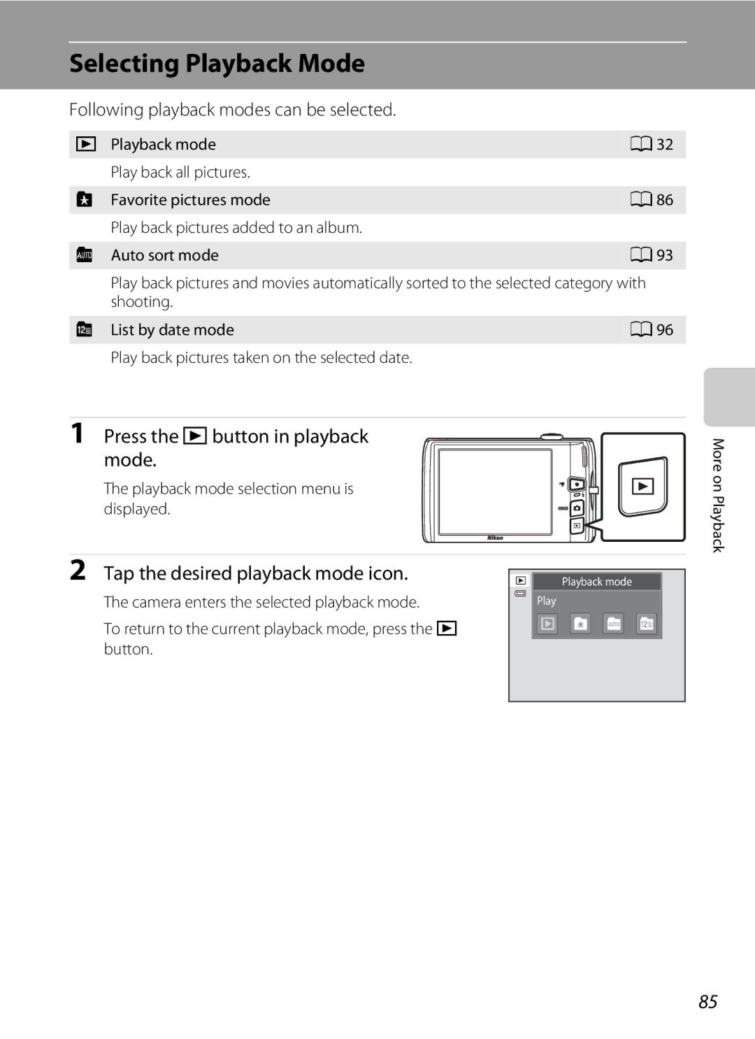 Nikon COOLPIXS4100PLM Selecting Playback Mode, Press the c button in playback mode, Tap the desired playback mode icon 