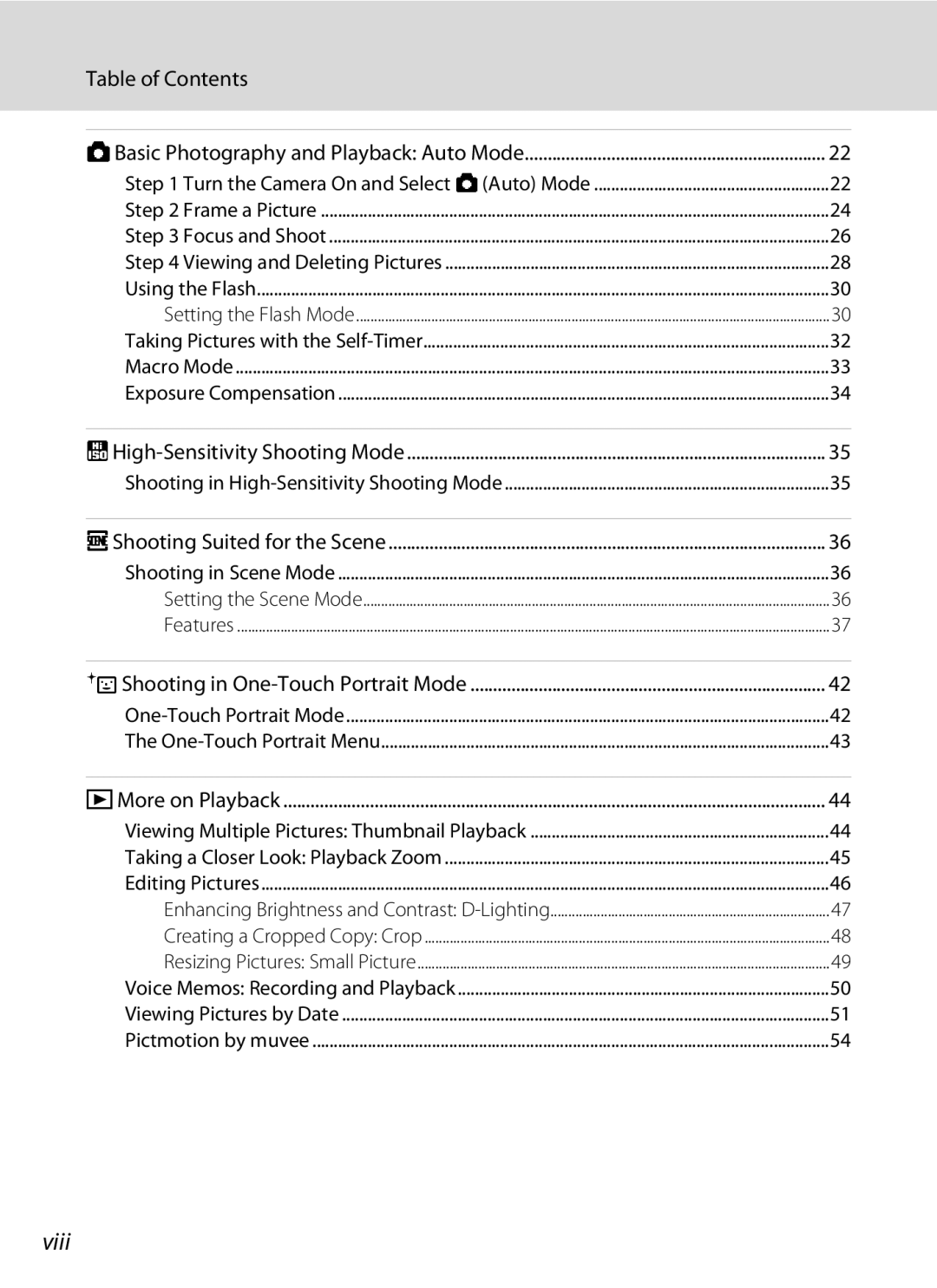 Nikon COOLPIXS52MB, COOLPIXS52CR user manual Viii, Table of Contents 