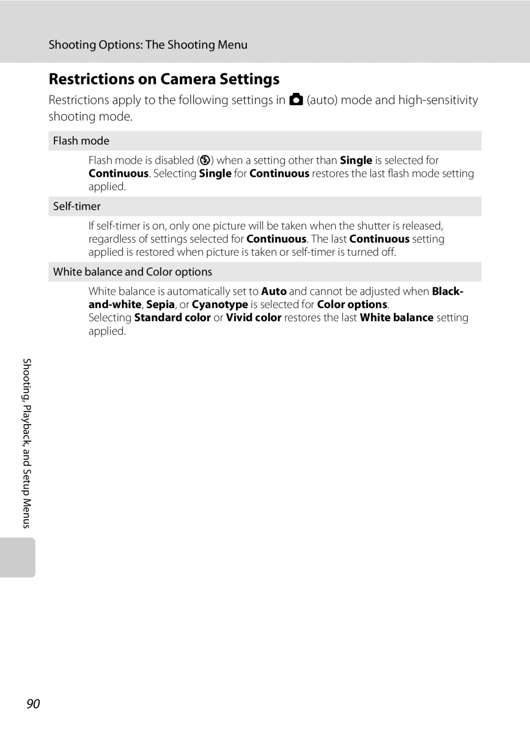 Nikon COOLPIXS52MB, COOLPIXS52CR user manual Restrictions on Camera Settings, White balance and Color options 