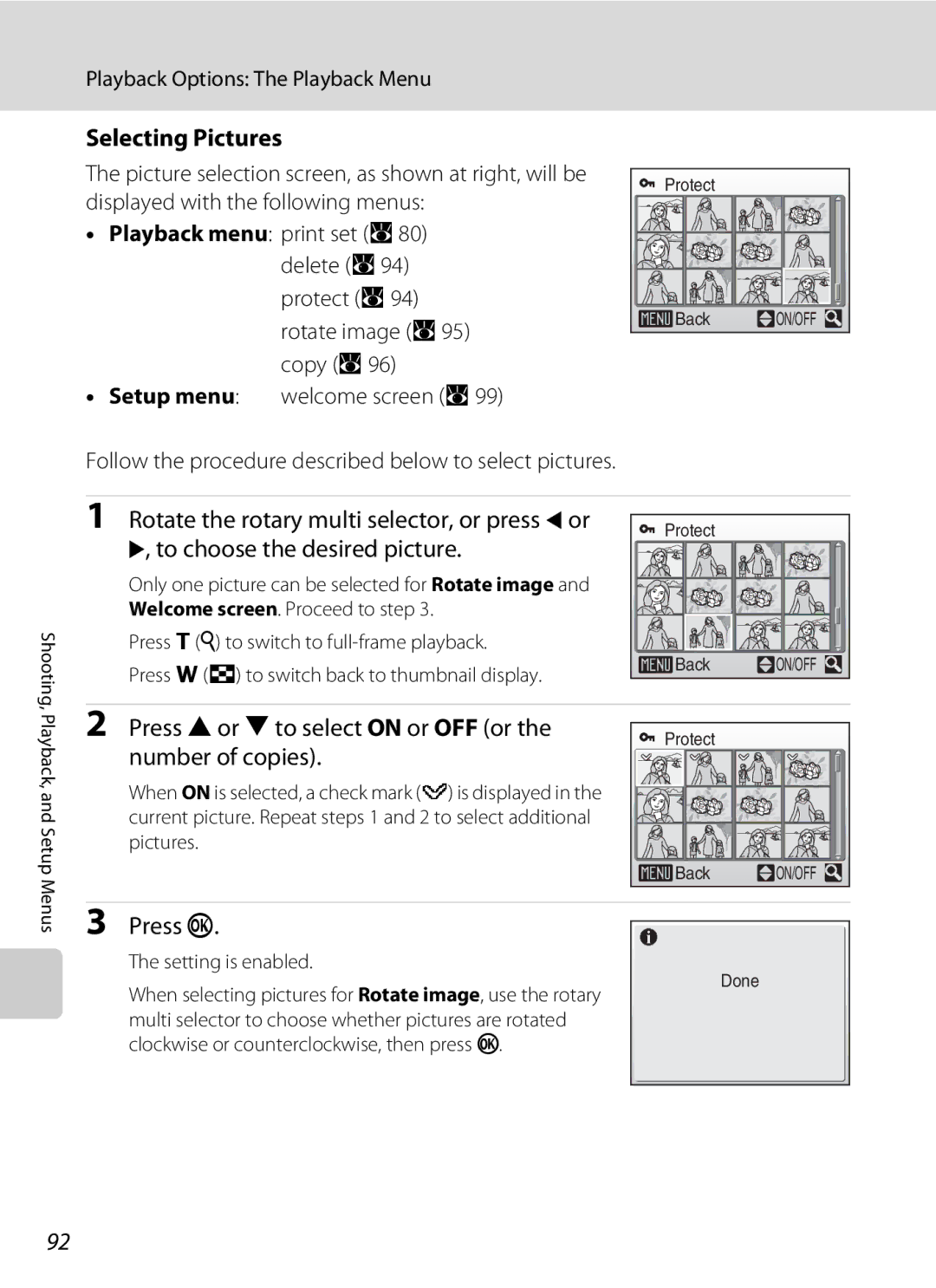 Nikon COOLPIXS52MB Selecting Pictures, Rotate the rotary multi selector, or press J or, To choose the desired picture 