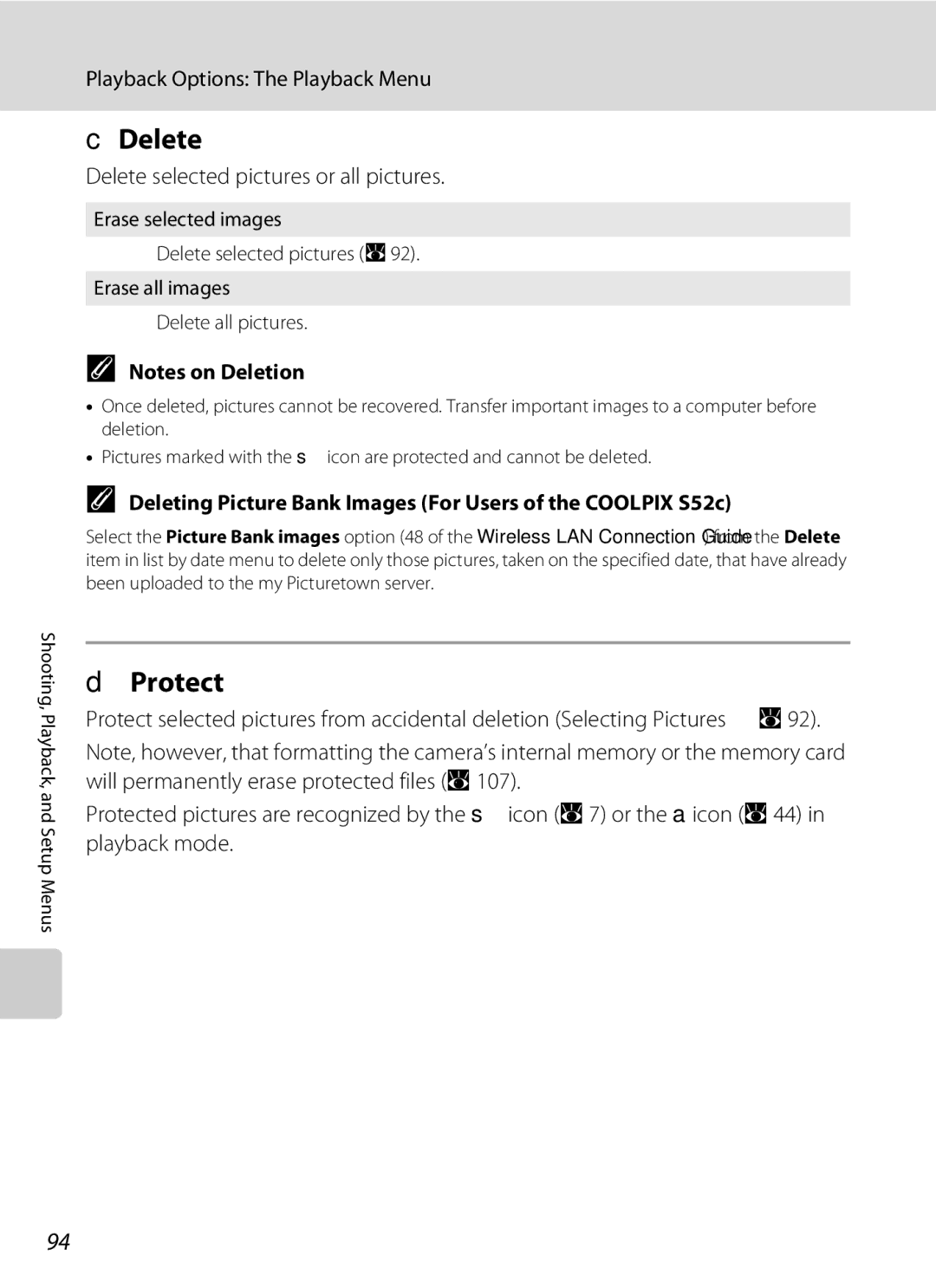 Nikon COOLPIXS52MB, COOLPIXS52CR user manual Protect, Delete selected pictures or all pictures 