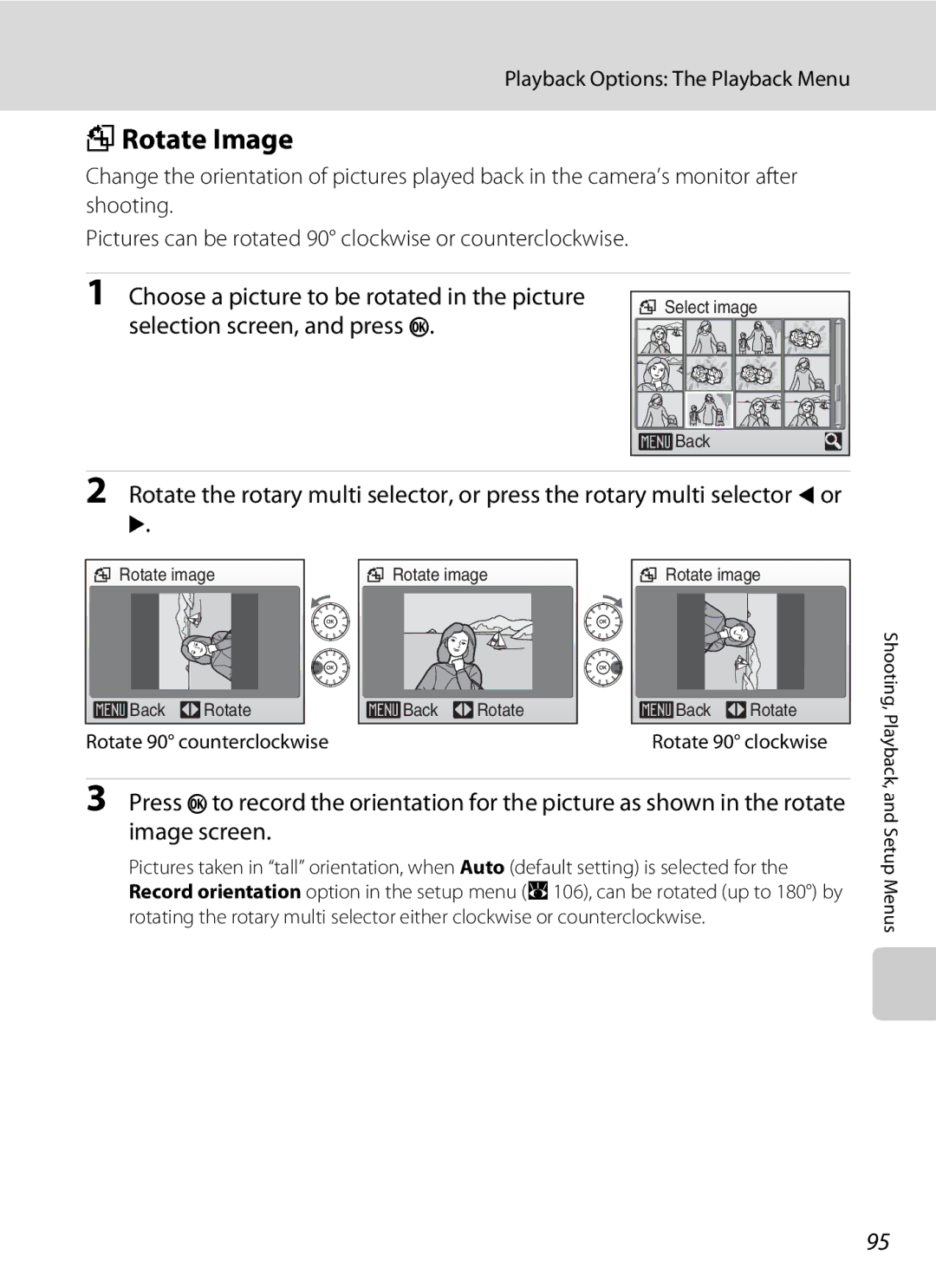 Nikon COOLPIXS52CR, COOLPIXS52MB user manual FRotate Image, Rotate 90 counterclockwise, Rotate 90 clockwise 