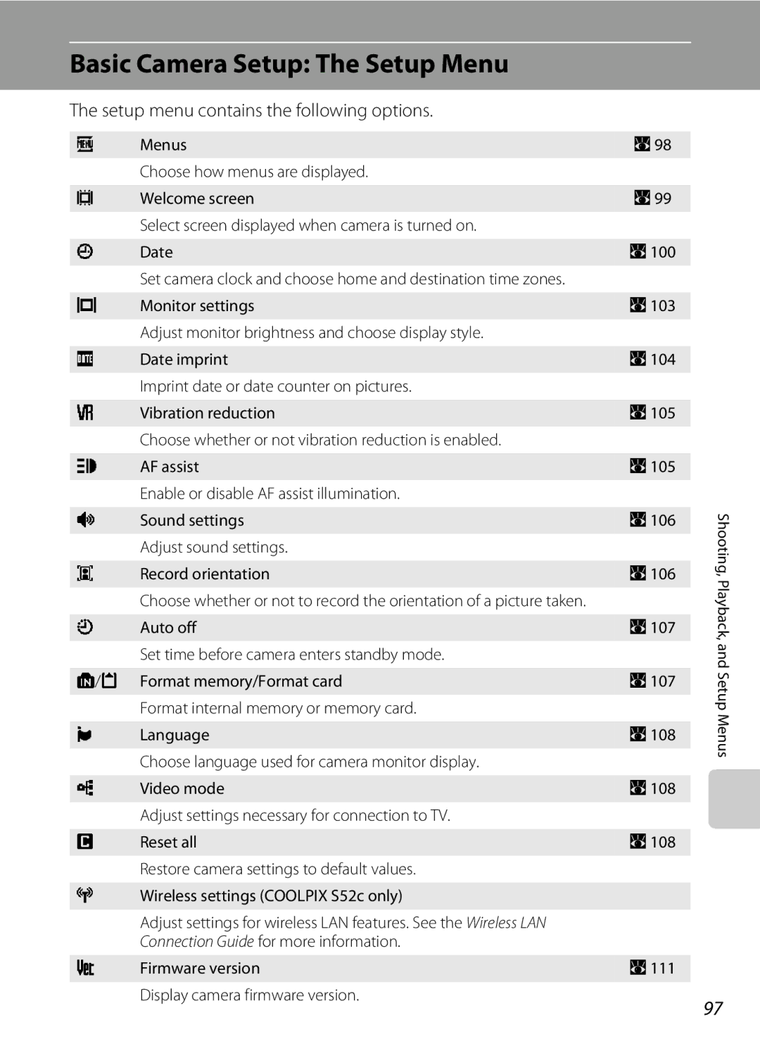 Nikon COOLPIXS52CR, COOLPIXS52MB user manual Basic Camera Setup The Setup Menu, Setup menu contains the following options 