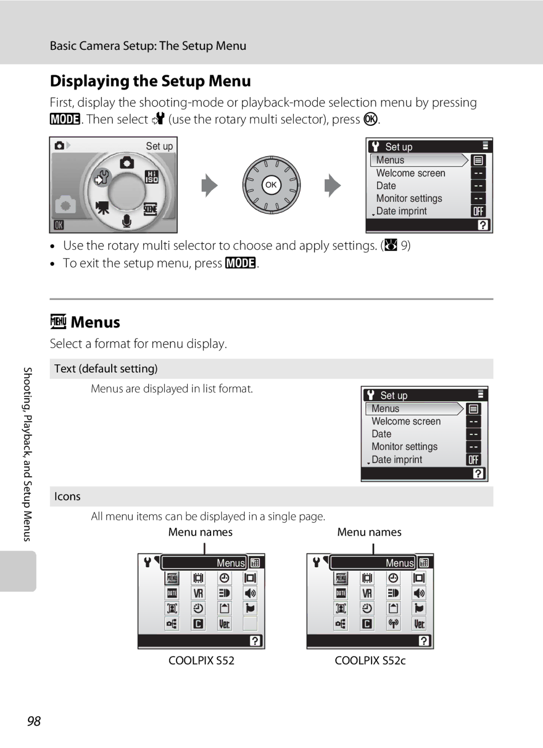 Nikon COOLPIXS52MB Displaying the Setup Menu, Menus, Basic Camera Setup The Setup Menu, Select a format for menu display 