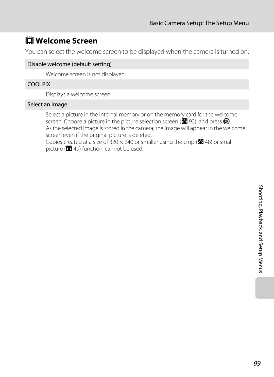 Nikon COOLPIXS52CR, COOLPIXS52MB user manual CWelcome Screen, Displays a welcome screen Select an image 