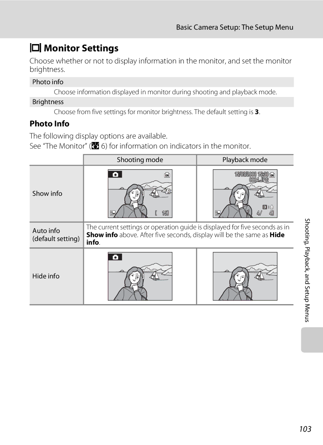 Nikon COOLPIXS52CR, COOLPIXS52MB user manual EMonitor Settings, Photo Info, 103 