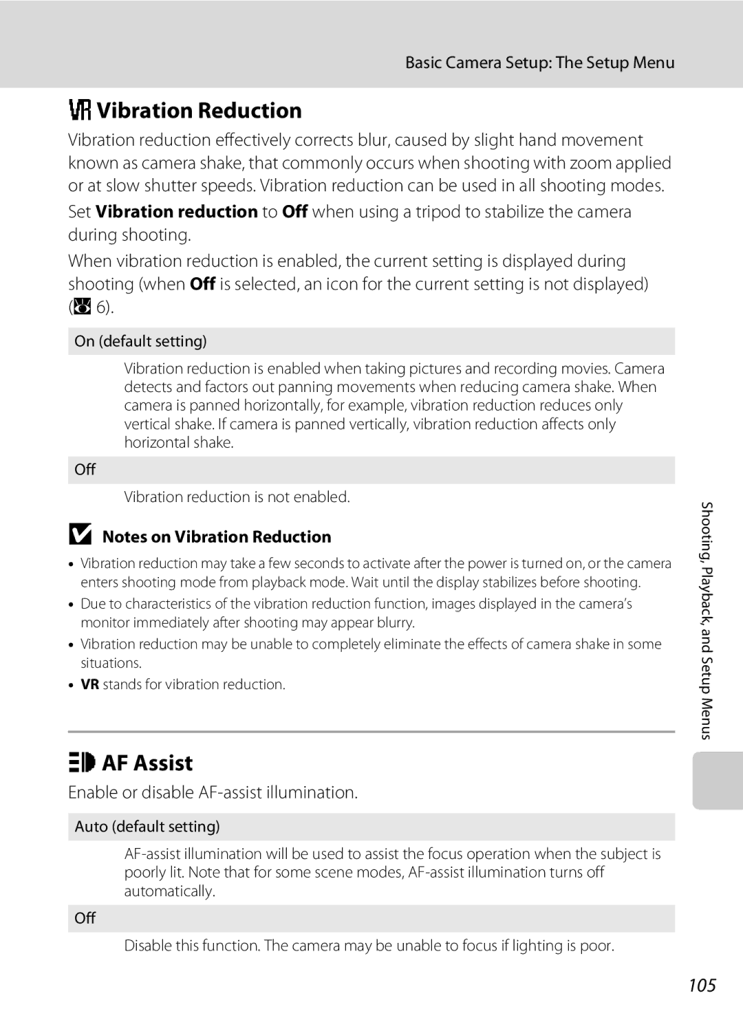 Nikon COOLPIXS52CR, COOLPIXS52MB user manual GVibration Reduction, HAF Assist, 105, Enable or disable AF-assist illumination 