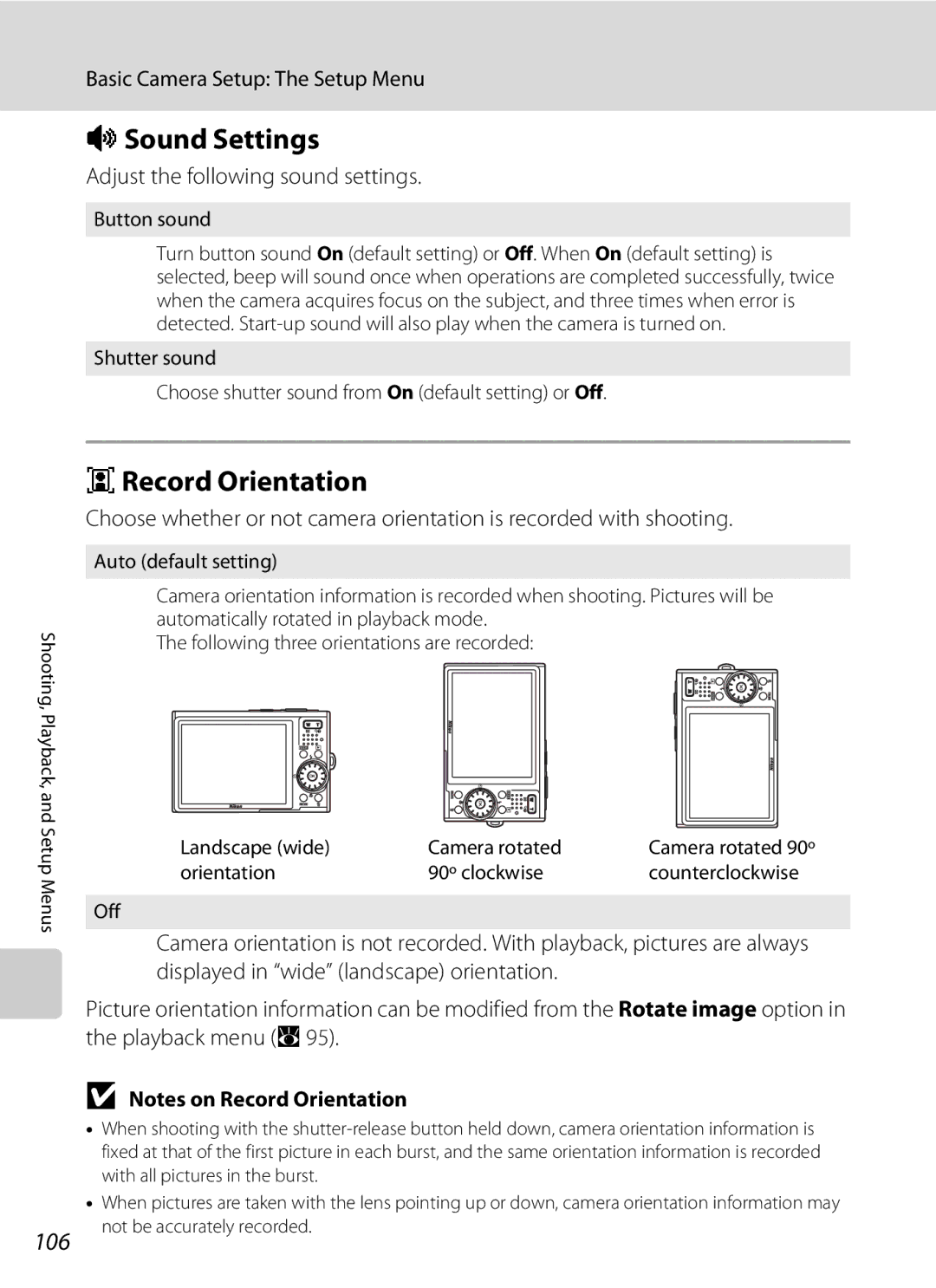 Nikon COOLPIXS52MB, COOLPIXS52CR user manual ISound Settings, JRecord Orientation, 106, Adjust the following sound settings 