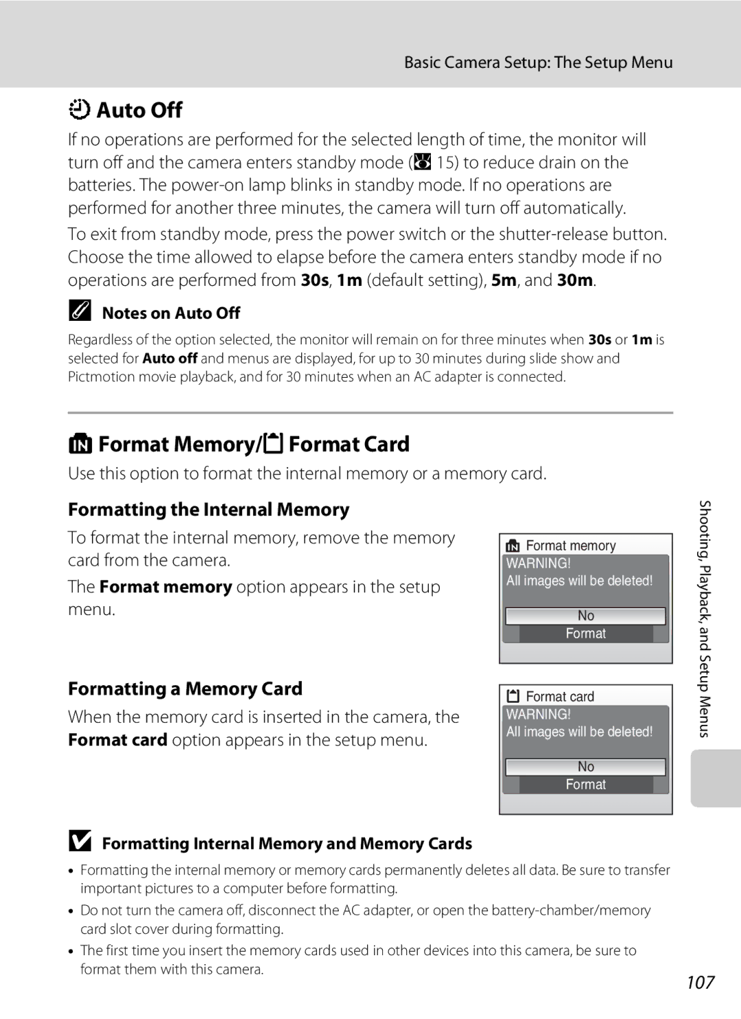 Nikon COOLPIXS52CR KAuto Off, LFormat Memory/mFormat Card, Formatting the Internal Memory, Formatting a Memory Card, 107 