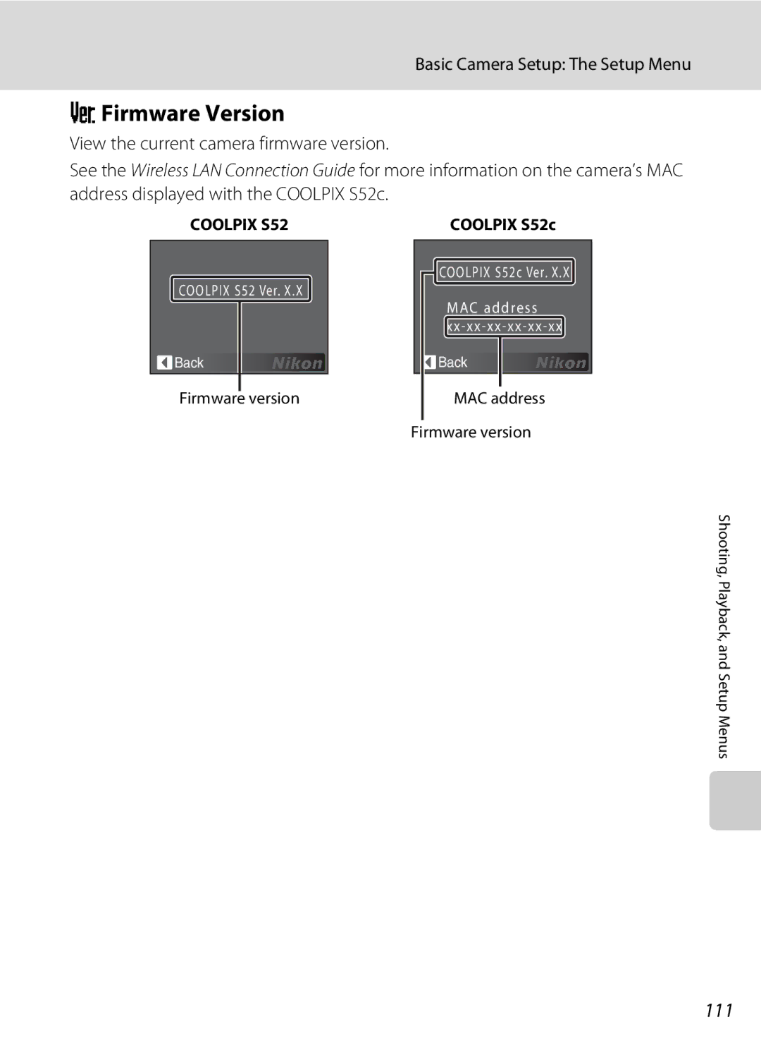 Nikon COOLPIXS52CR, COOLPIXS52MB user manual RFirmware Version, 111, MAC address Firmware version 