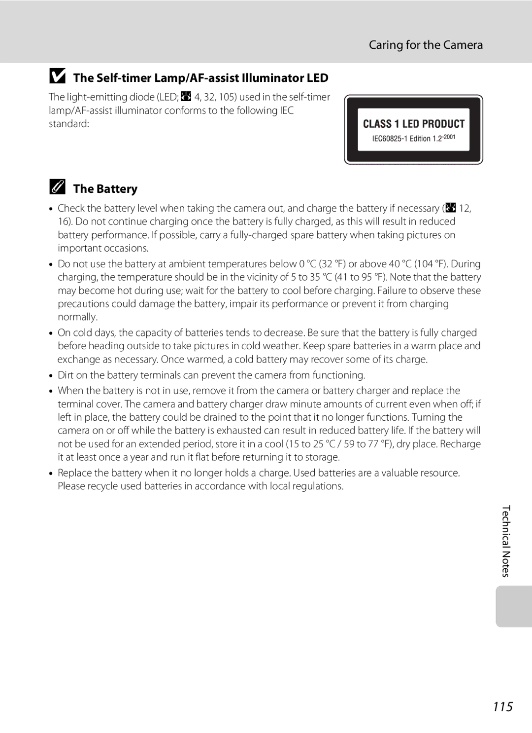 Nikon COOLPIXS52CR, COOLPIXS52MB user manual 115, Caring for the Camera, Self-timer Lamp/AF-assist Illuminator LED, Battery 