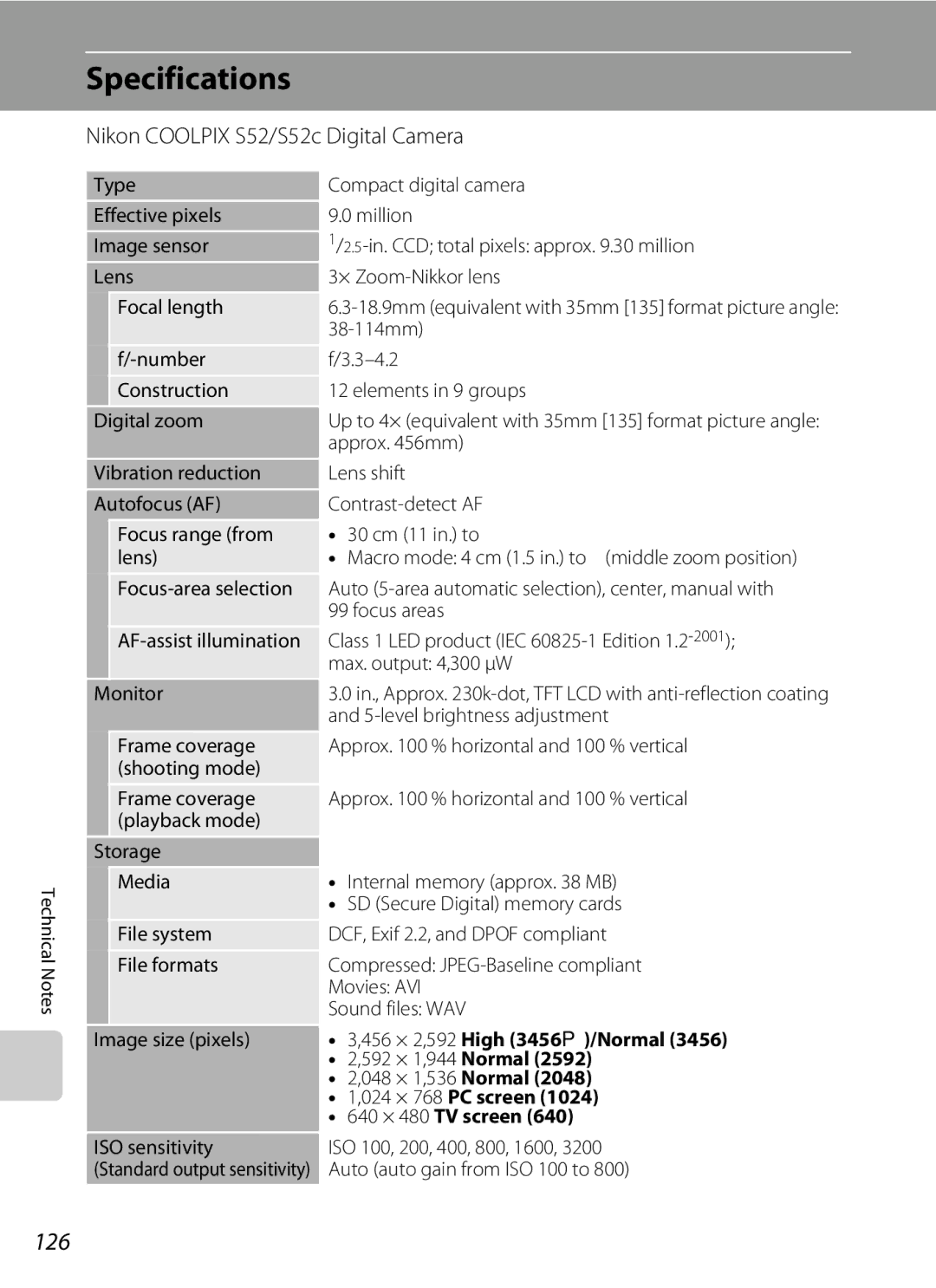 Nikon COOLPIXS52MB, COOLPIXS52CR user manual Specifications, 126, Nikon Coolpix S52/S52c Digital Camera 