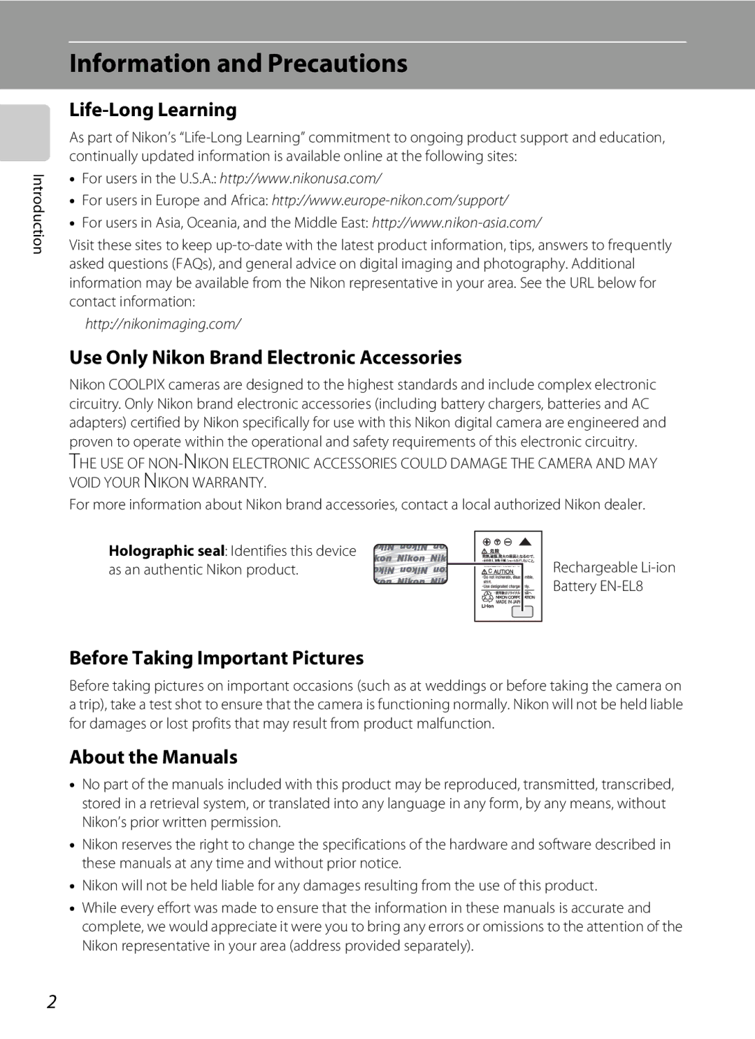 Nikon COOLPIXS52MB user manual Information and Precautions, Life-Long Learning, Use Only Nikon Brand Electronic Accessories 