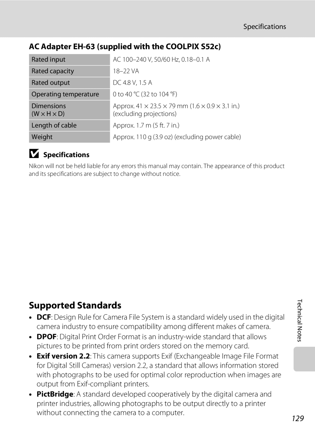 Nikon COOLPIXS52CR, COOLPIXS52MB Supported Standards, AC Adapter EH-63 supplied with the Coolpix S52c, 129, Specifications 