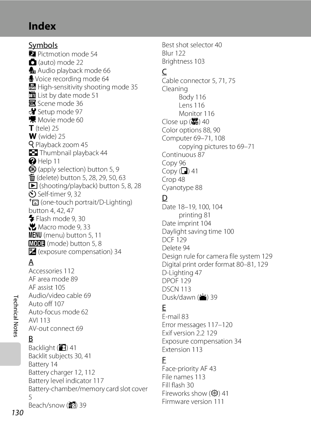 Nikon COOLPIXS52MB, COOLPIXS52CR user manual Index, Symbols, 130, Copying pictures to 69-71 Continuous 