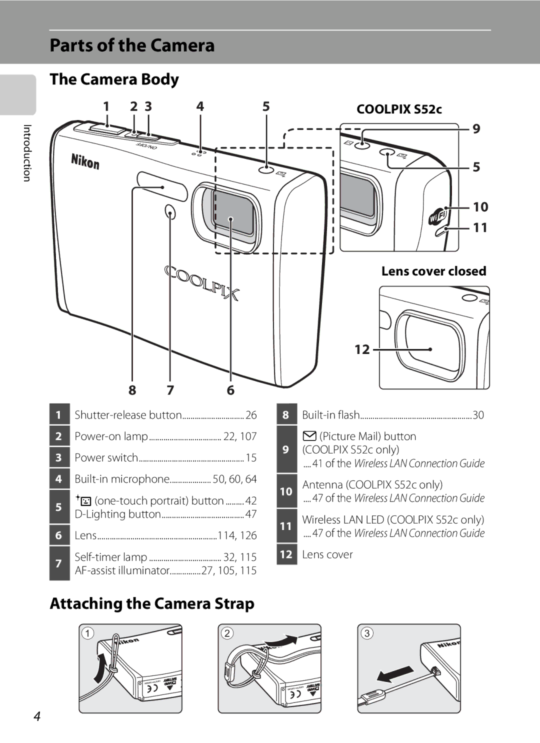 Nikon COOLPIXS52MB, COOLPIXS52CR user manual Parts of the Camera, Camera Body, Attaching the Camera Strap, Lens cover closed 