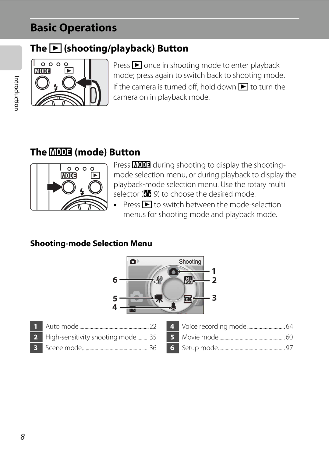 Nikon COOLPIXS52MB, COOLPIXS52CR Basic Operations, Cshooting/playback Button, Emode Button, Shooting-mode Selection Menu 