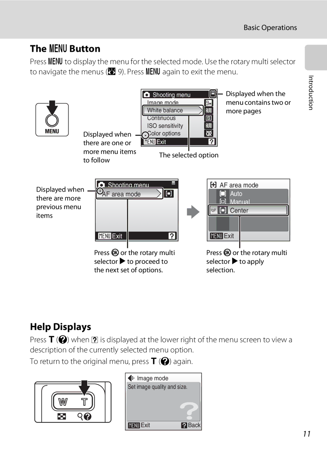 Nikon COOLPIXS52CR, COOLPIXS52MB DButton, Help Displays, Displayed when there are one or more menu items to follow 