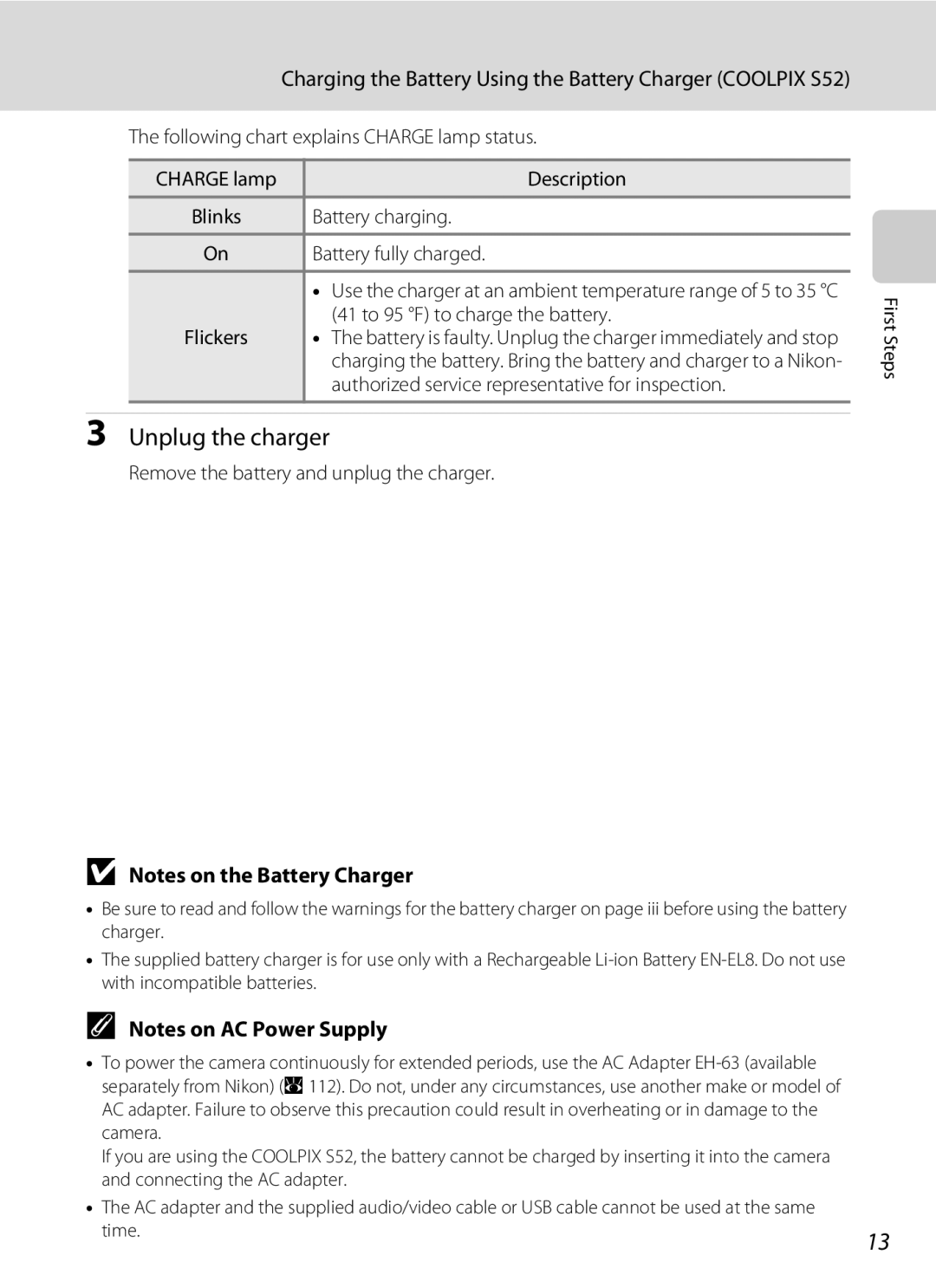 Nikon COOLPIXS52CR, COOLPIXS52MB user manual Unplug the charger, Charging the Battery Using the Battery Charger Coolpix S52 