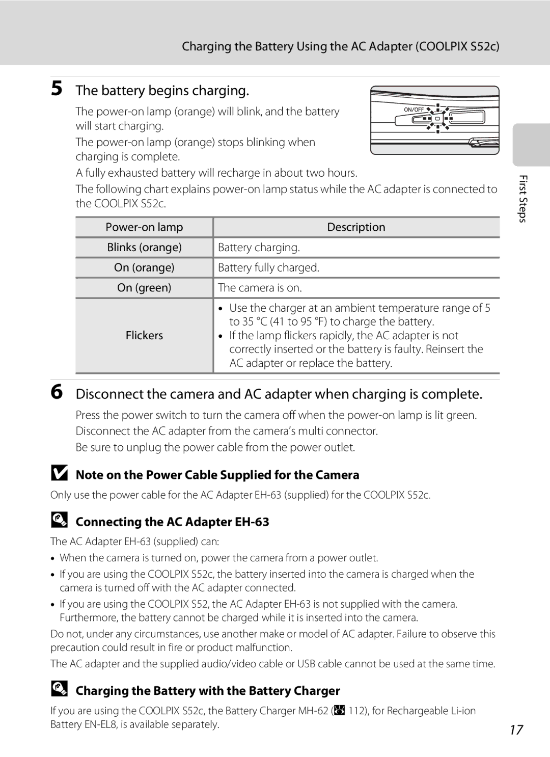 Nikon COOLPIXS52CR, COOLPIXS52MB user manual Battery begins charging, Charging the Battery Using the AC Adapter Coolpix S52c 