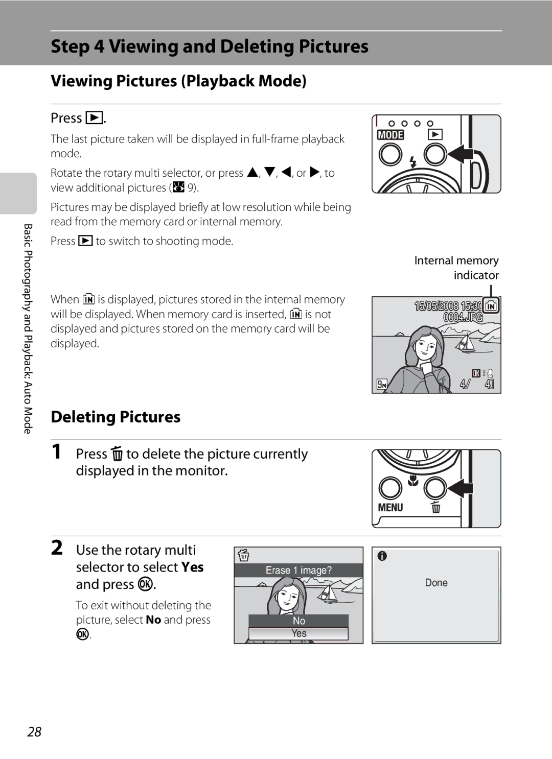 Nikon COOLPIXS52MB, COOLPIXS52CR user manual Viewing and Deleting Pictures, Viewing Pictures Playback Mode, Press c 