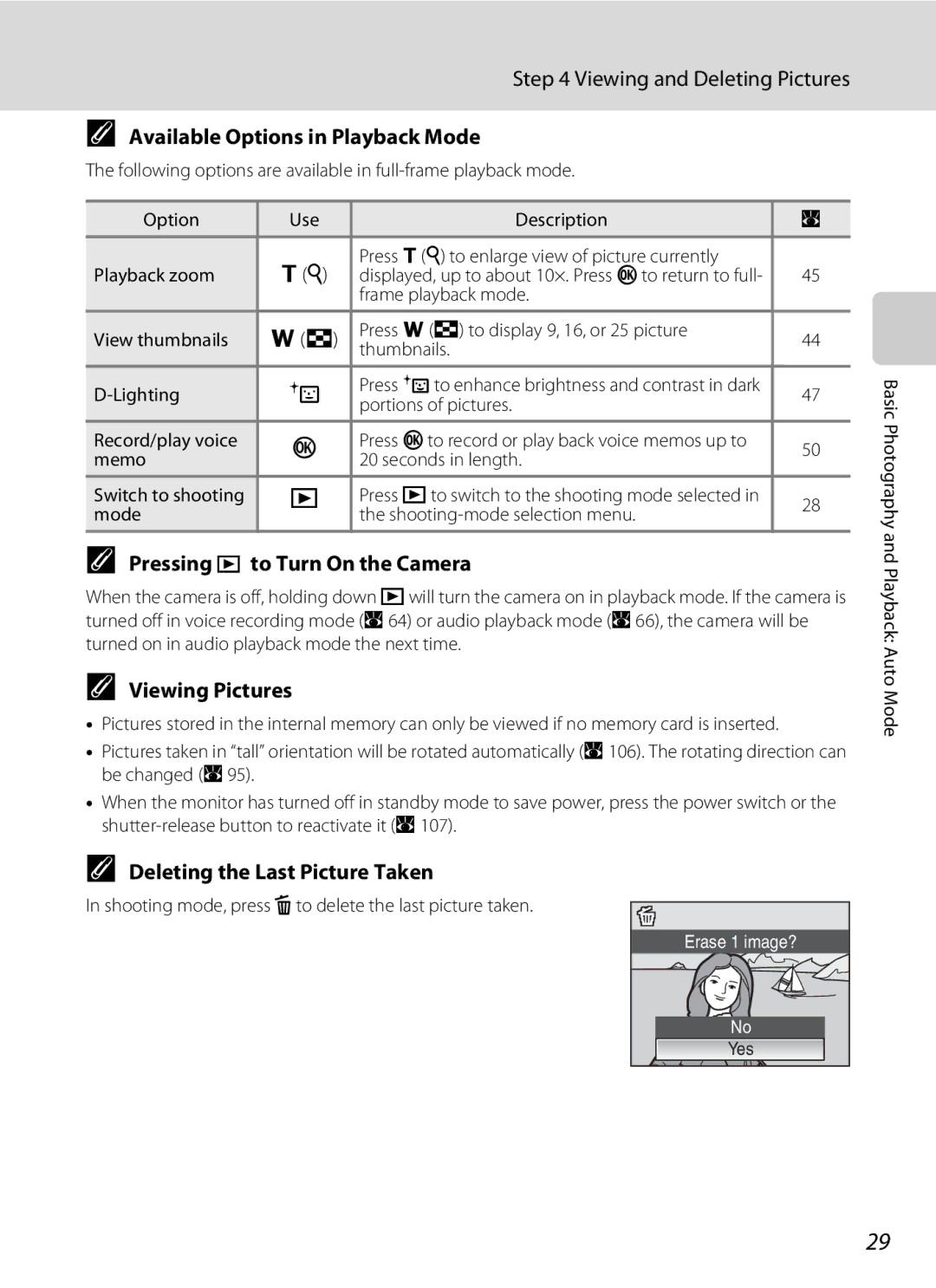 Nikon COOLPIXS52CR Viewing and Deleting Pictures, Available Options in Playback Mode, Pressing c to Turn On the Camera 