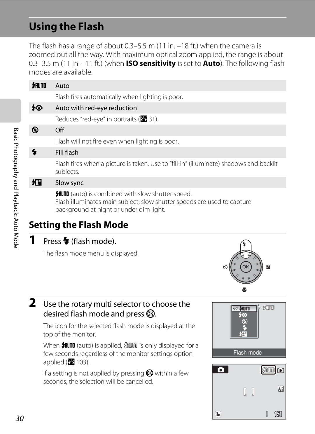 Nikon COOLPIXS52MB, COOLPIXS52CR Using the Flash, Setting the Flash Mode, Press Xflash mode, Flash mode menu is displayed 