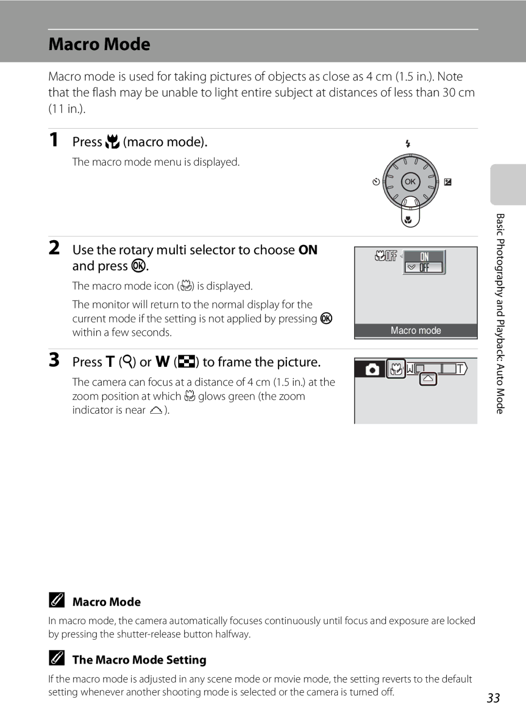 Nikon COOLPIXS52CR, COOLPIXS52MB Macro Mode, Press pmacro mode, Use the rotary multi selector to choose on and press k 