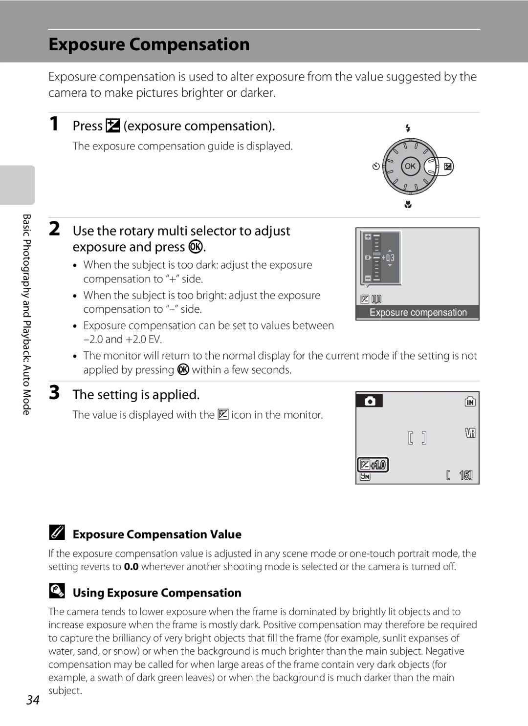 Nikon COOLPIXS52MB, COOLPIXS52CR Press oexposure compensation, Setting is applied, Exposure Compensation Value 