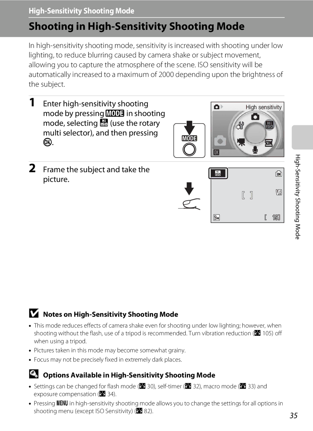 Nikon COOLPIXS52CR Shooting in High-Sensitivity Shooting Mode, Options Available in High-Sensitivity Shooting Mode 