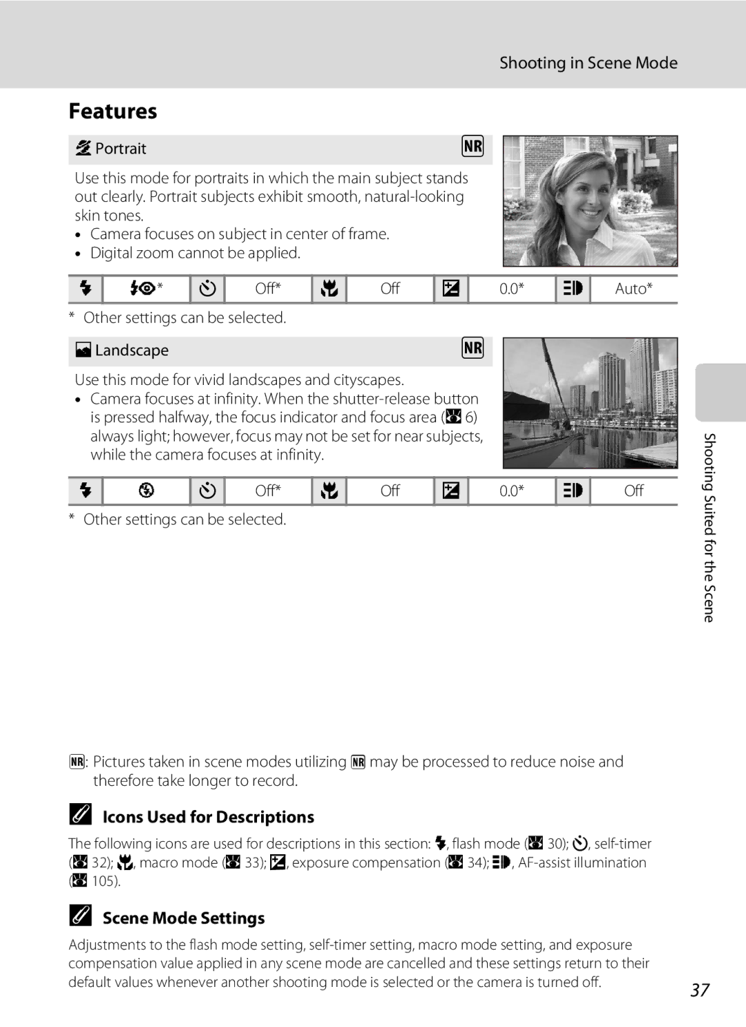 Nikon COOLPIXS52CR, COOLPIXS52MB Features, Shooting in Scene Mode, Icons Used for Descriptions, Scene Mode Settings 