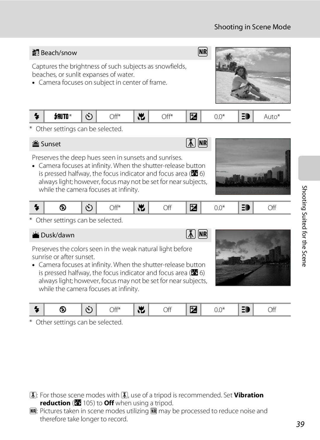 Nikon COOLPIXS52CR, COOLPIXS52MB user manual GBeach/snow, Off Auto Other settings can be selected HSunset 