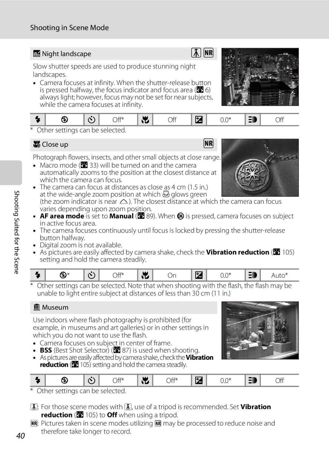 Nikon COOLPIXS52MB, COOLPIXS52CR user manual JNight landscape, Off Other settings can be selected KClose up, Museum 