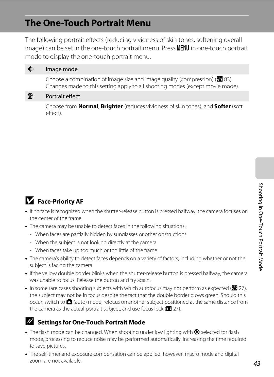 Nikon COOLPIXS52CR, COOLPIXS52MB user manual One-Touch Portrait Menu, Face-Priority AF, Settings for One-Touch Portrait Mode 