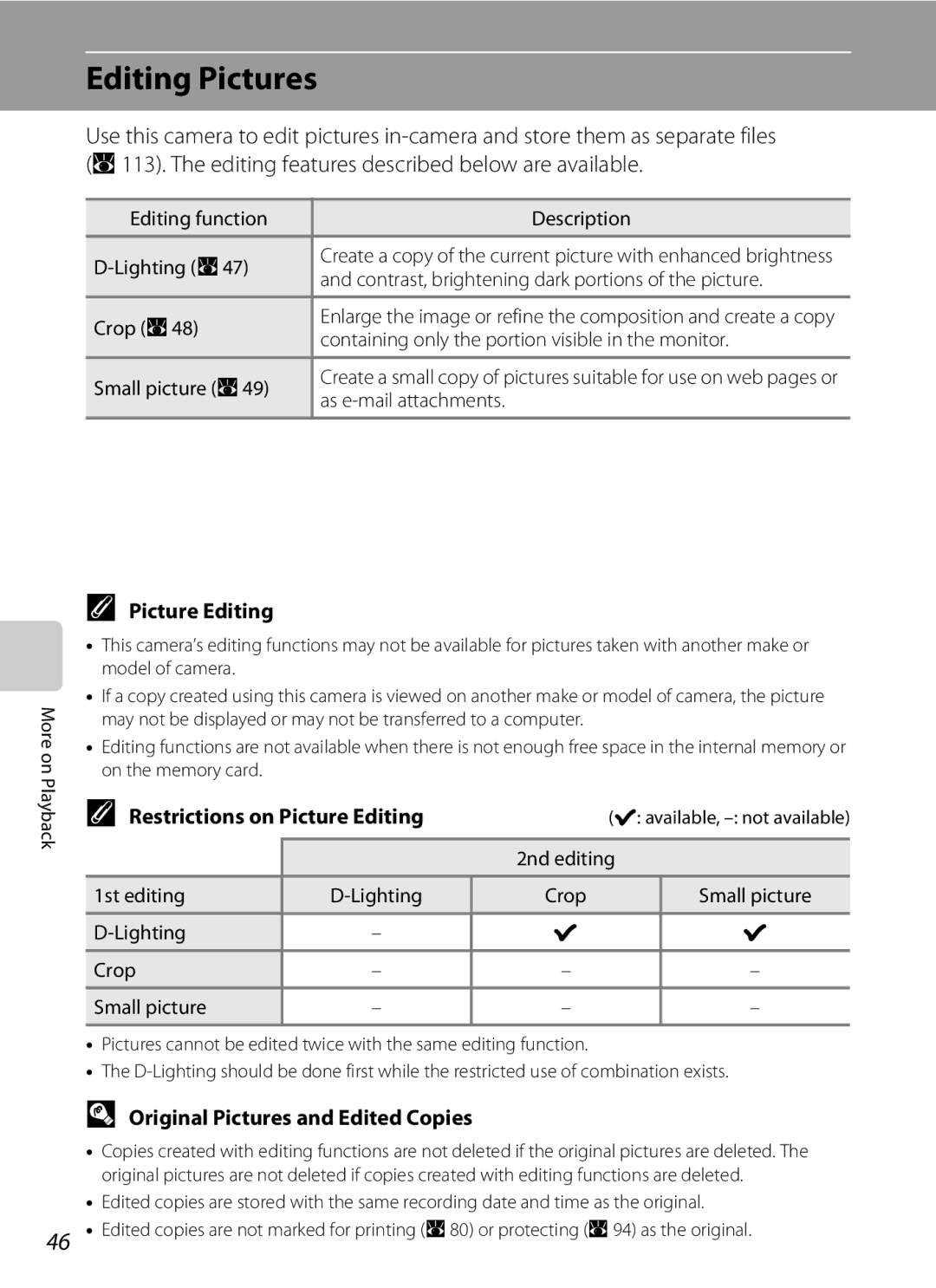 Nikon COOLPIXS52MB user manual Editing Pictures, Restrictions on Picture Editing, Original Pictures and Edited Copies 