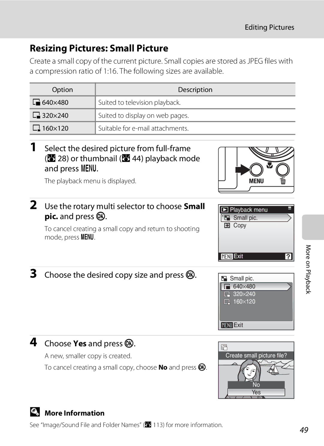 Nikon COOLPIXS52CR Resizing Pictures Small Picture, Choose the desired copy size and press k, Playback menu is displayed 