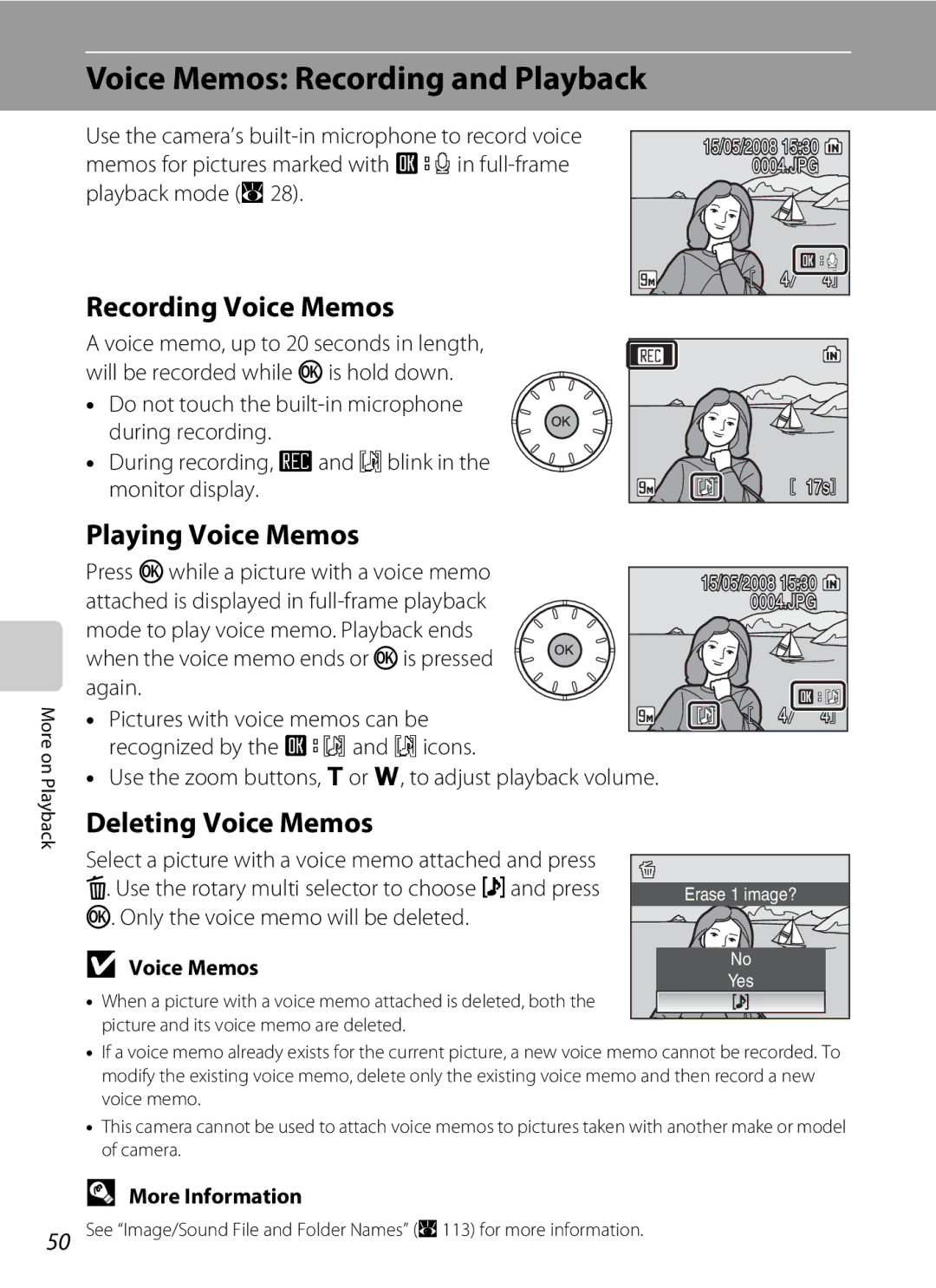 Nikon COOLPIXS52MB Voice Memos Recording and Playback, Recording Voice Memos, Playing Voice Memos, Deleting Voice Memos 